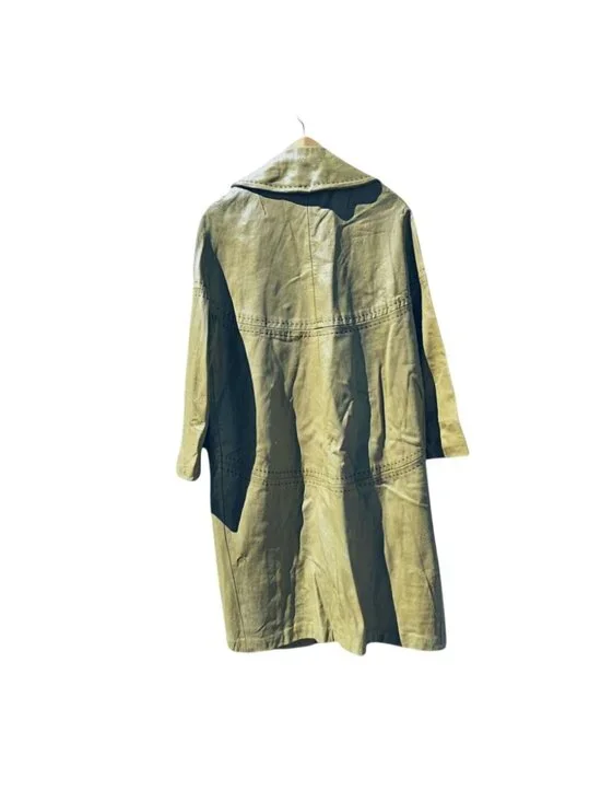 70s Light Yellow Green Leather Trench Coat Black Satin Lined Bespoke Women's M/L - Picture 8 of 13